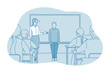 Studying in school, introducing, pupil and teacher concept. Teacher introducing new smiling boy pupil to classmates in classroom at school illustration