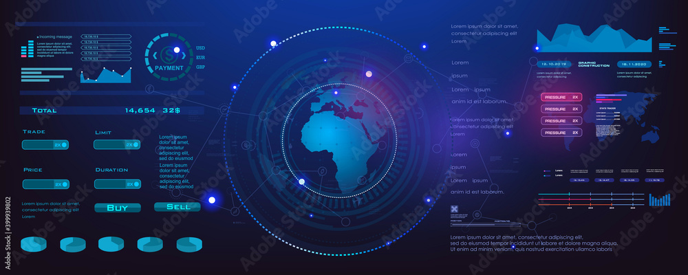 Ilustração Earth globe with interface HUD panel with data and ...