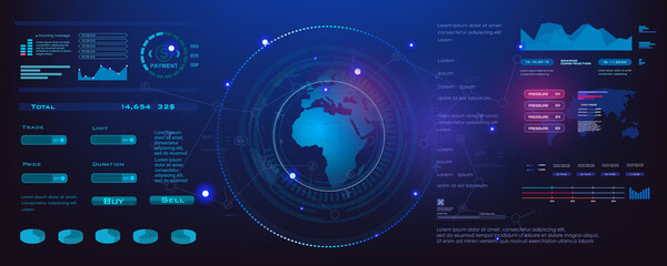 Wall Mural - earth globe with interface hud panel with data and information, world internet technologies and comm
