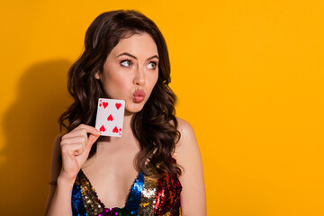 Poster - Photo of cute lovely pretty girl with her lips pouted plump look copyspace hold playing hearts card wear glossy skirt isolated over bright shine color background