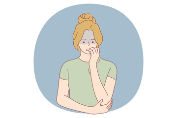 Wall Mural - Unhappiness, Grief, Depression concept. Young unhappy female cartoon character standing, biting nails and feeling depressed with something vector illustration