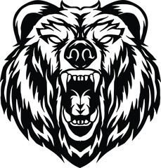 Sticker - black white vector illustration of angry bear