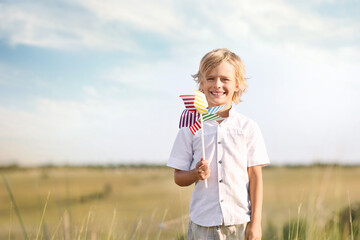 Sticker - Cute little boy with pinwheel outdoors, space for text. Child spending time in nature