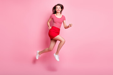 Wall Mural - full size profile side photo of young attractive cheerful good mood energetic girl jump movement iso