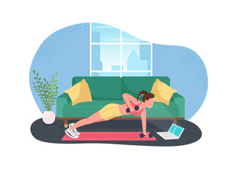 Wall Mural - Woman working out while working 2D vector web banner, poster. Exercising female freelancer at laptop flat character on cartoon background. Home office gym printable patch, colorful web element