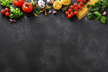 Wall Mural - Uncooked pasta, vegetables, cooking background