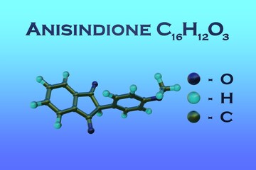 Structural chemical formula and molecular model of anisindione, a synthetic anticoagulant and an indaneodine derivate with similar effect to warfarin. 3d illustration