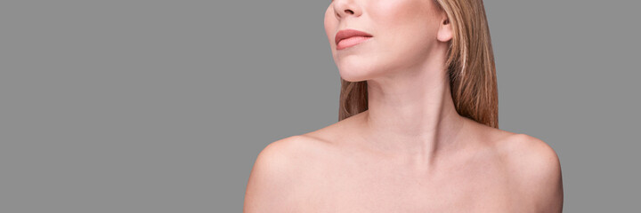 cosmetology concept. skin care product. female portrait. face mask. home peeling. grey background. c