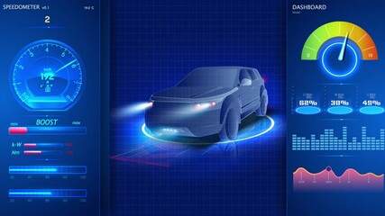 Wall Mural - Hologram Auto in HUD UI style. Futuristic car service, scanning and auto data analysis. Virtual car dashboard concept. Futuristic auto in style low poly, wireframe in line. diagnostics in the HUD, GUI