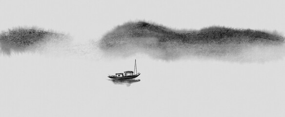 Fototapeta Background of ink landscape illustration of Guochao fishing boat