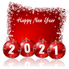 Wall Mural - Happy new year 2021 illustration with 4 red glossy christmas balls and snowflakes