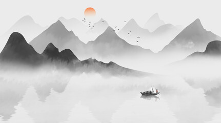 Fototapeta Background of ink landscape illustration of Guochao fishing boat