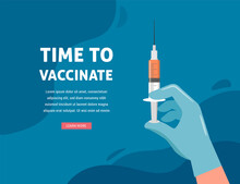 Vaccination Concept Design. Time To Vaccinate Banner - Microscope And Syringe With Vaccine For COVID-19, Flu Or Influenza