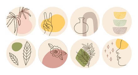 Vector set of round boho icons and emblems for social media story highlight covers. Hand-drawn trendy design templates for bloggers, designers and photographers.