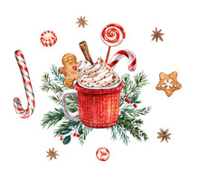 Hot Cocoa Mug Watercolor Illustration. Winter Christmas Drink, Red Cup In Crochet Sugar Gingerbread Cookie, Whipped Cream, Candy Cane, Lollipop, Cinnamon Stick, Isolated On White Background.