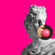 canvas print picture - Collage with plaster head model, statue and female portrait isolated on pink background. Negative space to insert your text. Modern design. Contemporary colorful and conceptual bright art collage.