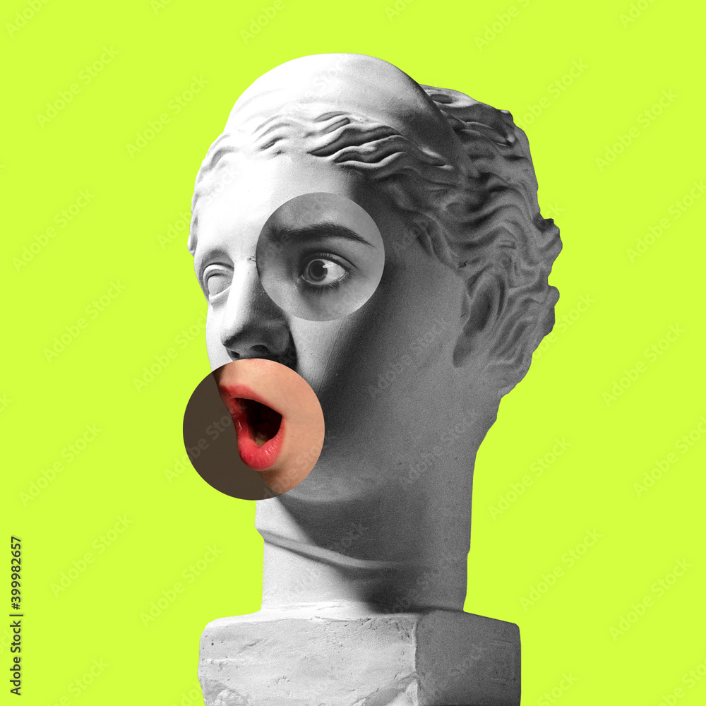 Collage with plaster head model, statue and female portrait isolated on green background. Negative space to insert your text. Modern design. Contemporary colorful and conceptual bright art collage. - obrazy, fototapety, plakaty 