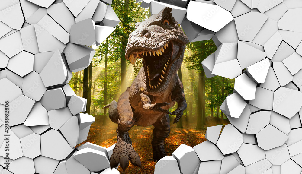 3d picture dinosaur through a broken stone wall - obrazy, fototapety, plakaty 