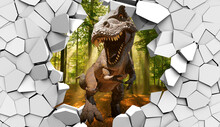 3d Picture Dinosaur Through A Broken Stone Wall