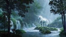 Beautiful Unicorn In A Magical Forest - Digital Illustration
