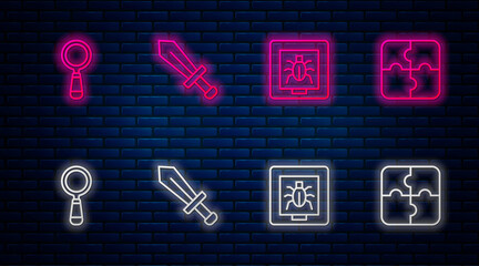 Sticker - Set line Sword for game, Insects in frame, Magnifying glass and Piece of puzzle. Glowing neon icon on brick wall. Vector.