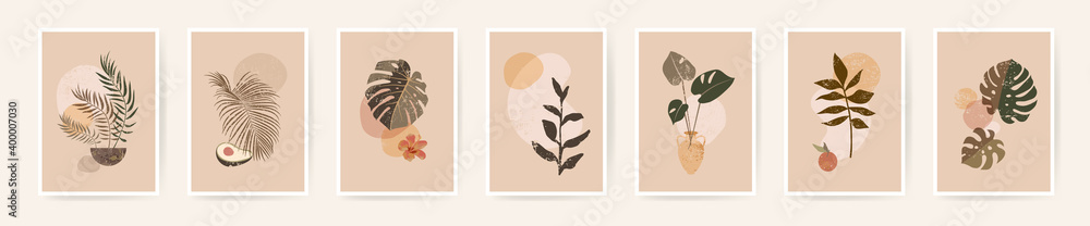 Boho aesthetic abstract botanical wall art poster prints. Scandinavian design, neutral natural colors. Bohemian collage wall prints. Mid Century Modern design. Plant fruit posters. Vector illustration - obrazy, fototapety, plakaty 