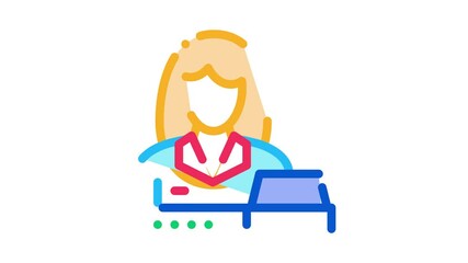 Sticker - woman seller at checkout Icon Animation. color woman seller at checkout animated icon on white background