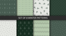 Set Of Minimalstic Delicate Christmas Tree Seamless Patterns In Green Colors. Winter Vector Textures For Wrapping And Other Design