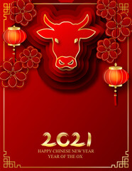 Wall Mural - 2021 Happy Chinese New Year. Design with ox and  flowers on red background. paper art style. happy ox year. Vector.