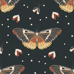 Wall Mural - boho butterfly vector pattern. moth seamless bohemian background. hand drawn vintage nature drawing.