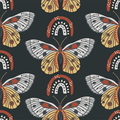 Wall Mural - boho butterfly vector pattern. moth seamless bohemian background with vintage rainbow.