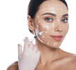 Woman face with lifting lines on skin, showing filler injections for lift skin, cheeks and chin. Anti-aging treatment