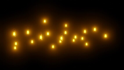 Wall Mural - old oil lamps flying with glowing light. group of shining kerosene lamps isolated on black backgroun
