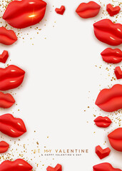 Wall Mural - Happy Valentine's Day frame. Romantic background with female lips. Border template with red 3d lips and hearts. Beautiful stylish Modern minimal design. Vector illustration