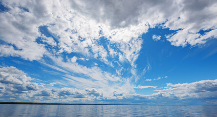 Wall Mural - panorama of calm lake, kama river blue sky with clouds reflected in the water.
