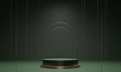 Green podium, pedestal, platform on dark background. Golden frame - 3d render abstract illustration. Empty space for product mockup design. Show concert rewarding winners. 