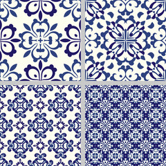 Set of Indigo blue flower azulejos lisbon patterns. Floor tile oriental spain collection seamless textures. Portugal geometric ceramics. Vector arabesque Textures