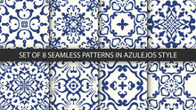 Set Of Indigo Blue Flower Azulejos Lisbon Patterns. Floor Tile Oriental Spain Collection Seamless Textures. Portugal Geometric Ceramics. Vector Arabesque Textures