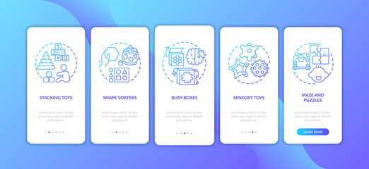 Wall Mural - baby toys dark blue onboarding mobile app page screen with concepts. busy box. early childhood devel