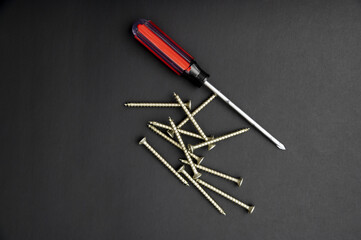 Poster - Top view of a screwdriver with  self-tapping screws on a black background