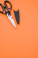 Poster - Vertical shot of scissors isolated on pink background. Cutting tool with zigzag blades, copy space