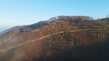 Poster - Aerial footage of Beskidy Mountains with Babia Góra on horizon.