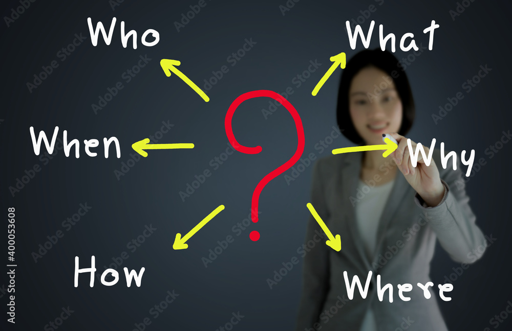businesswoman analyzing problem and root cause by writing question what ...