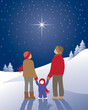 Father, mother, and small child stand silent in a snowy, cold landscape, watching a bright star in the night sky.