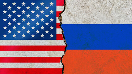 Poster - American and Russian flag on a cracked wall-politics, war, conflict concept