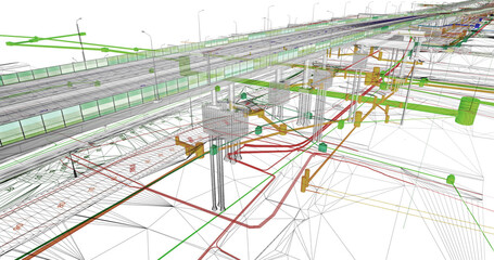 Wall Mural - the bim model of the object of transportation infrastructure of wireframe view