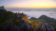 The Mountain Features A Long Ridge, A Viewpoint, Sea Mist And Sunrise, Name Doi Pha Mon, Chiang Rai, Thailand.