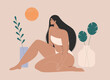 © everything bagel - Woman beauty, wellness, feminine concept. Trendy abstract illustration of a woman with a beautiful body in swimsuit sitting and sunbathing. Isolated flat vector art for cosmetics, beauty products