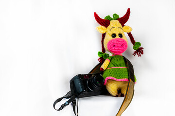 Wall Mural - Amigurumi doll cow sits with a camera. Photo on a white background.