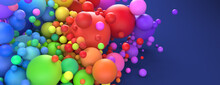 Vibrant Rainbow Of Multicolored Spheres Crashing Together In Bright Vivid Colors. 3d Render.